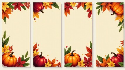 Three decorative banners featuring autumn leaves and pumpkins, ideal for seasonal events or fall-themed designs