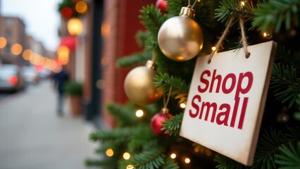 Small sign hung on Christmas tree with festive decoration