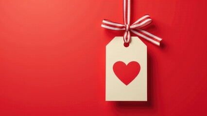 A simple heart-shaped tag hangs on a bright red wall, providing a pop of color