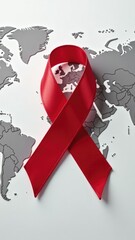 A red ribbon placed on the surface of a world map, often used as a symbol of global connection or awareness