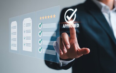 Businessman approving a document on a digital interface