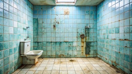 A dilapidated restroom with aged turquoise tiles, showing significant wear and tear, featuring a weathered toilet and signs of water damage and rust