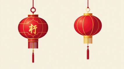 A pair of red lanterns suspended from a string, lit up in the evening
