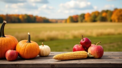 A rustic wooden table decorated with autumnal fruits and pumpkins, great for seasonal scenes or food styling