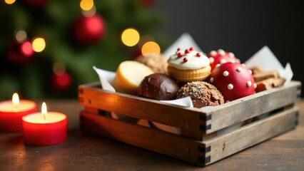 A wooden box filled with pastries and a lit candle, perfect for bakery or dessert display