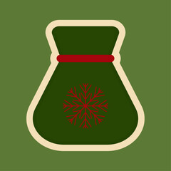 Christmas sticker. Green Santa's sack with a red snowflake and white outline on a green background. Vector illustration. Greeting card. Close-up drawing. New Year's stickers.