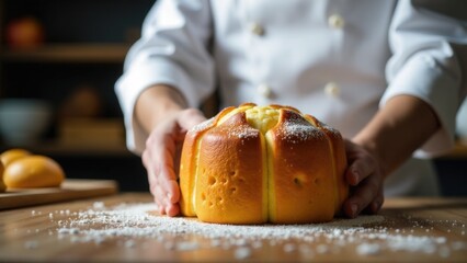A person in a chef's uniform is carefully preparing a loaf of bread