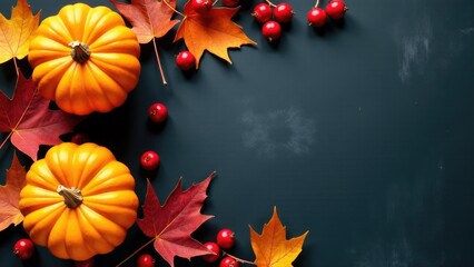 A still life composition featuring a group of pumpkins and red berries arranged on a table
