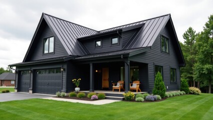 A picture of a small black house with a black metal roof, set in a natural environment