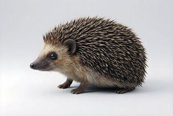 Fototapeta premium Adorable, alert European hedgehog with sharp quills stands on a clean white background, capturing its charming detail and natural defensive posture perfectly