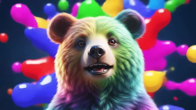 A vibrant portrait of a bear with fur dyed in a rainbow of colors, with colorful liquid shapes in the blurred background