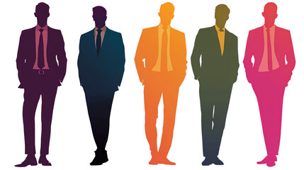 Silhouettes of five diverse businessmen in suits against a vibrant background, representing teamwork, leadership, and success in modern corporate environments.