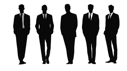 A group of professional silhouettes in suits standing confidently. Ideal for representing teamwork, business presentations, or corporate success in various industries.
