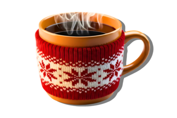 Steaming hot coffee in a festive red snowflake mug cozy