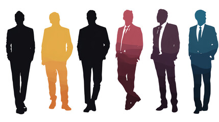 A silhouette illustration of diverse business people in various postures