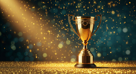 A shining gold trophy on a velvet podium with dramatic spotlight. event key visuals, club posters, designed for fitness apps and gym onboarding, drives event promotion.