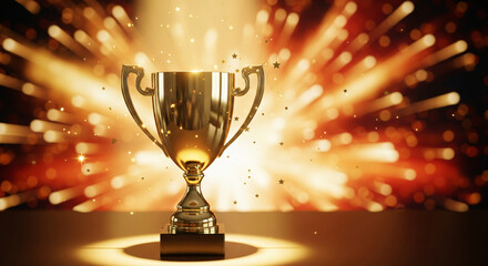 A shining gold trophy on a velvet podium with dramatic spotlight. event key visuals, club posters, designed for fitness apps and gym onboarding, drives event promotion.