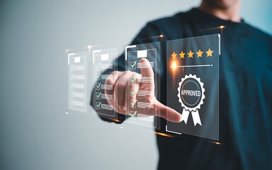 Man touching screen showing five star rating and award badge