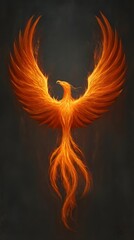 rising from flames with vibrant wings spread wide against dark sky