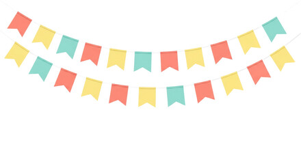 Obraz premium Mathematically precise, flat vector illustration of four parallel bunting garlands featuring square pennants in pastel coral, yellow, and teal, floating against a transparent background. concept for