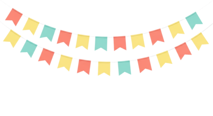Mathematically precise, flat vector illustration of four parallel bunting garlands featuring square pennants in pastel coral, yellow, and teal, floating against a transparent background. concept for