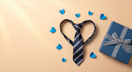 Happy Father's Day gift idea: Blue tie, gift box with bow and blue heart on a light blue-brown background with space for a personal message.