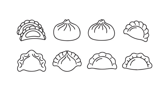 Hand drawn dumpling variety collection featuring steamed baozi and pan fried gyoza line art vector