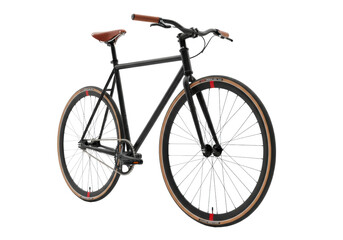 Fototapeta premium meticulously engineered matte black fixie bike with brown leather details, gumwall tires, and crimson stripes, isolated product shot against transparent background, concept for premium urban