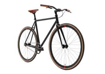 meticulously engineered matte black fixie bike with brown leather details, gumwall tires, and crimson stripes, isolated product shot against transparent background, concept for premium urban