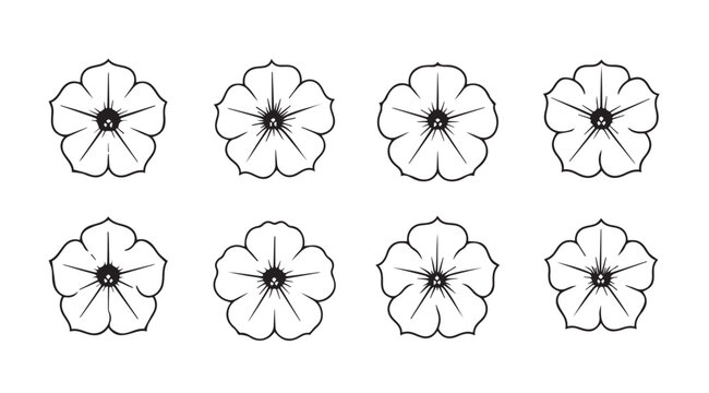 Collection of eight delicate hand-drawn petunia flowers outline botanical art study vector