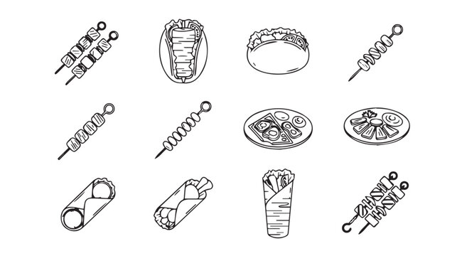 Hand drawn skewers food culinary items collection line art style set vector
