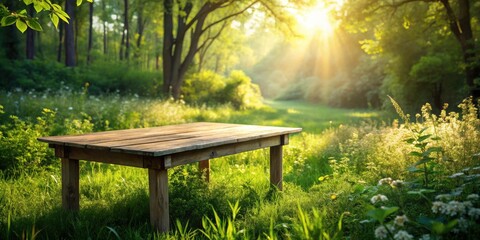 Naklejka premium Rustic Wooden Table in a Sunlit Meadow with Lush Greenery and Trees in the Background