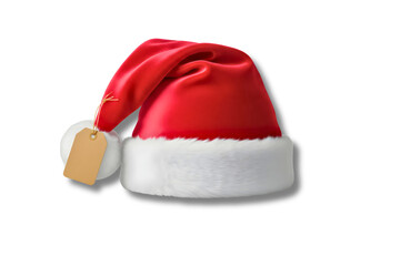 Red santa hat with blank gift tag on black background