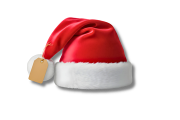 Red santa hat with blank gift tag on black background
