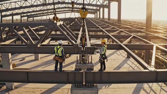 Construction Crew Assembling Steel Structure, Modern Building Framework Underway