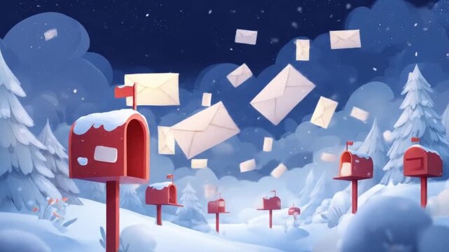 Snowy, moonlit village with red mailboxes amid drifting envelopes and pine-dotted hills. Under moon!