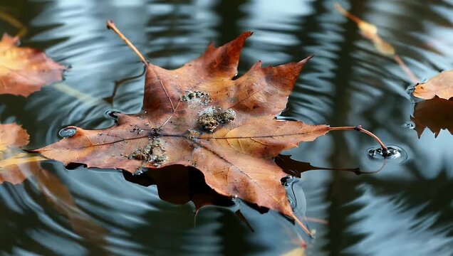 A calming 4K top view shot of dry autumn leaves floating as water quickly fills the surface creating gentle reflections and offering a seasonal concept scene with natural texture and copy space