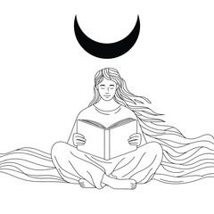 Woman meditating while reading a book beneath a crescent moon illustration
