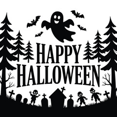 Spooky halloween scene with a ghost bats and a haunted graveyard