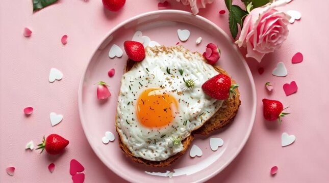 Heart shep bread and egg fri red barry and pink flower helthy brekfast pink background ai generative