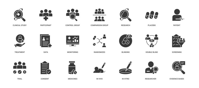 Clinical Trial icon set containing clinical study, participant, control group, comparison group, research, placebo, patient, treatment, randomized, double-blind, medicines, in vivo and in vitro