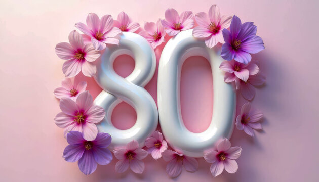 Celebration of 80th birthday with balloons and flowers on a pink background - Powered by Adobe