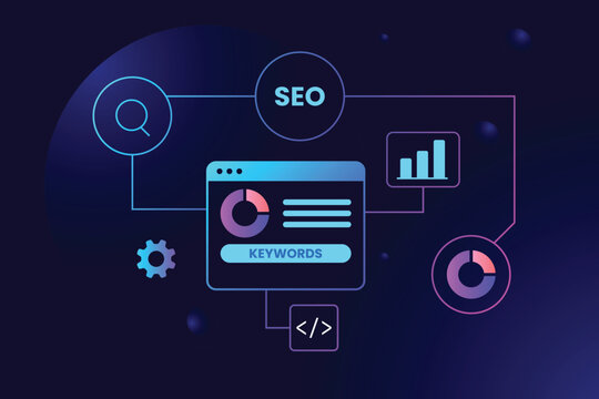 Seo optimization concept with keywords, analytics, and search icons