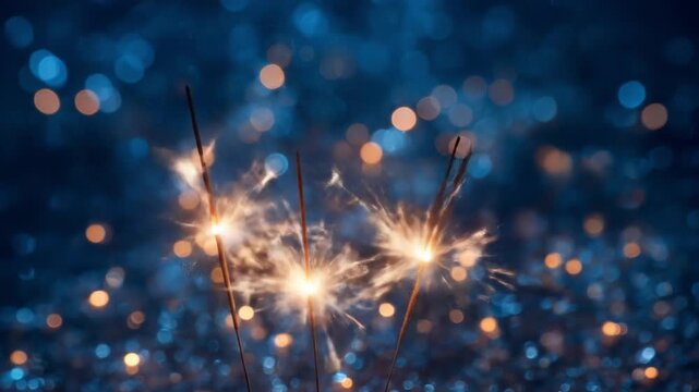 Sparkler-lit night scene with glowing trails and warm sparks amid blue bokeh orbs, gentle soft glow