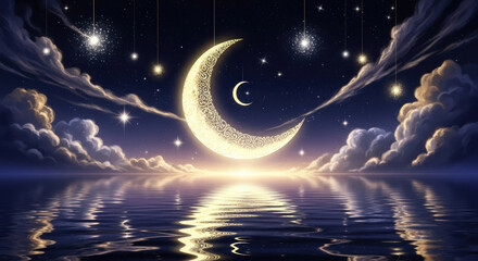 Serene night scene with a crescent moon reflecting over calm waters, surrounded by twinkling stars