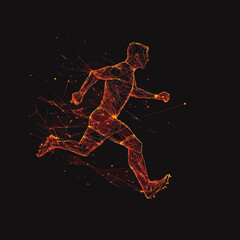 Fototapeta premium Abstract digital polygonal soccer player running silhouette made of glowing orange lines and points on black background dynamic motion vector illustration