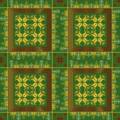Geometric pixel art pattern. Abstract pixel art geometric ethnic pattern design for fabric, carpet, tile, rug, clothing, embroidery, needlepoint and background. Vector pixel art seamless motif ethnic