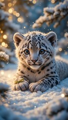 Adorable snow leopard cub lying in snow with festive lights