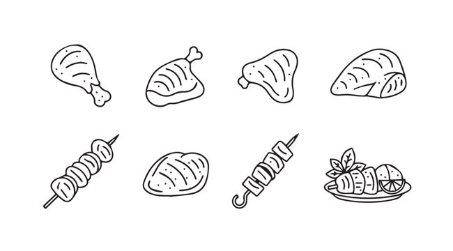 Set of hand drawn grill food icons meat chicken fish skewers and seafood for culinary designs vector