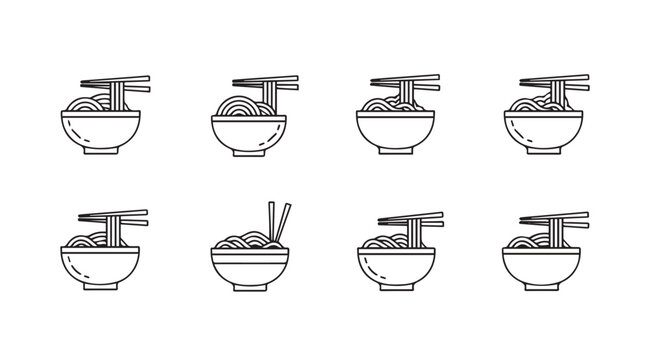 Set of stylized line art bowls filled with noodles and chopsticks for asian cuisine vector
